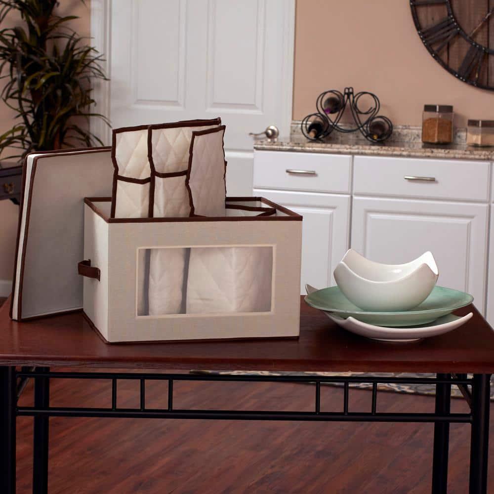 Large Serveware Storage Box, Polyester Canvas with Fiberboard Sides, 3 Protective Pouches, Fully Removable Lid, Natural with Brown Trim