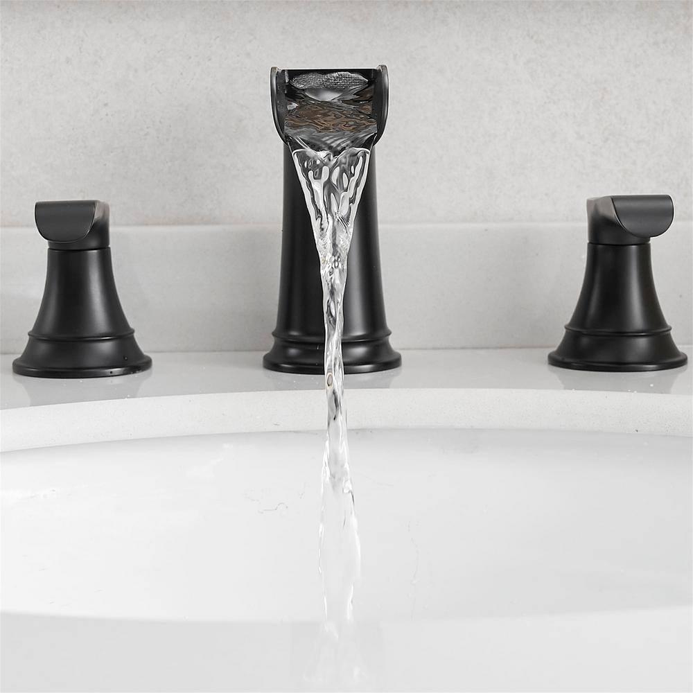 Bathroom Faucet 3 Hole Black, 8 inch Widespread Bathroom Faucet Waterfall Face Basin Faucet for Bathroom Sink, Matte Black (A.Matte Black)