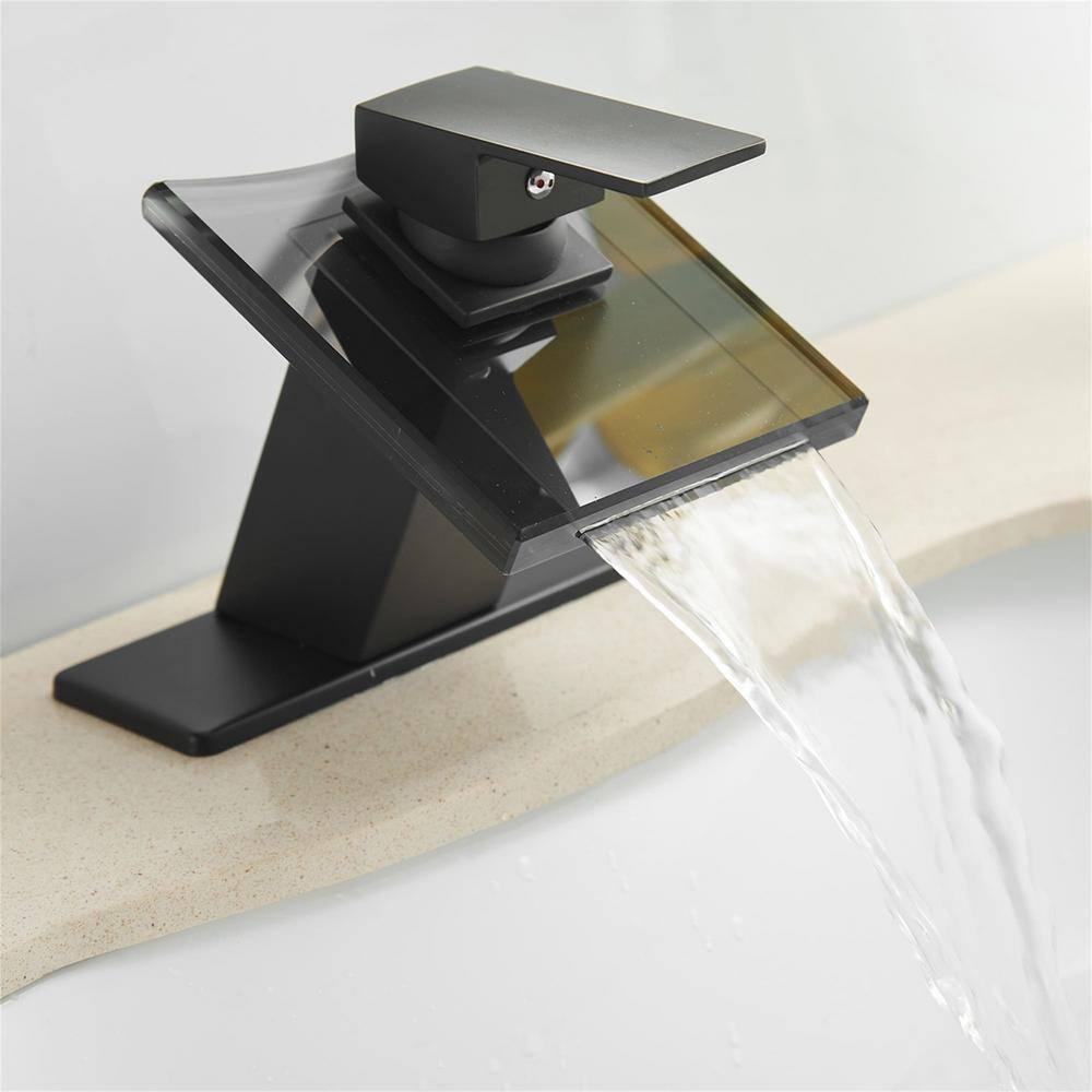 Matte Black Bathroom Faucet with Glass Waterfall Design, Single Handle for Sink, Modern Vanity Faucets with Supply Lines, Lavatory Basin Bath Mixer Tap, Deck Mounted
