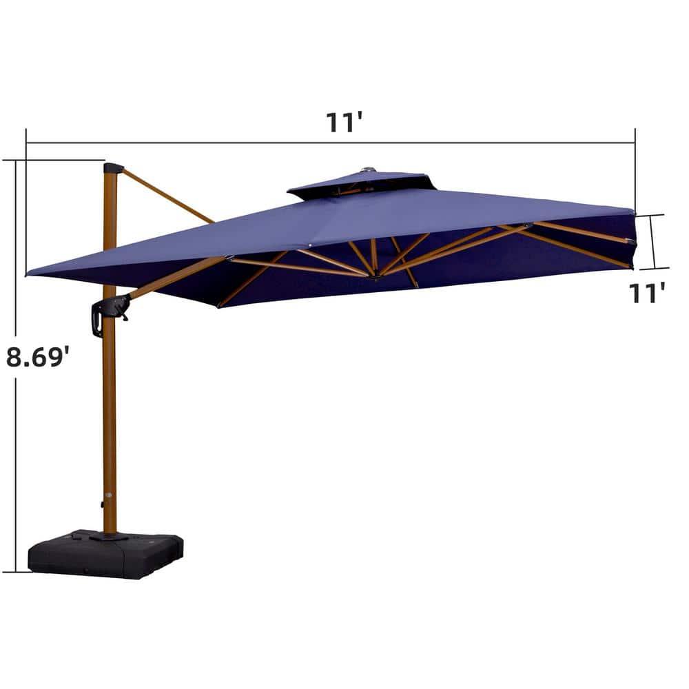 PURPLE LEAF 11FT Deluxe Square Wood Grain Patio Umbrella, Large Offset Cantilever Umbrella with 360° Rotation, Navy Blue