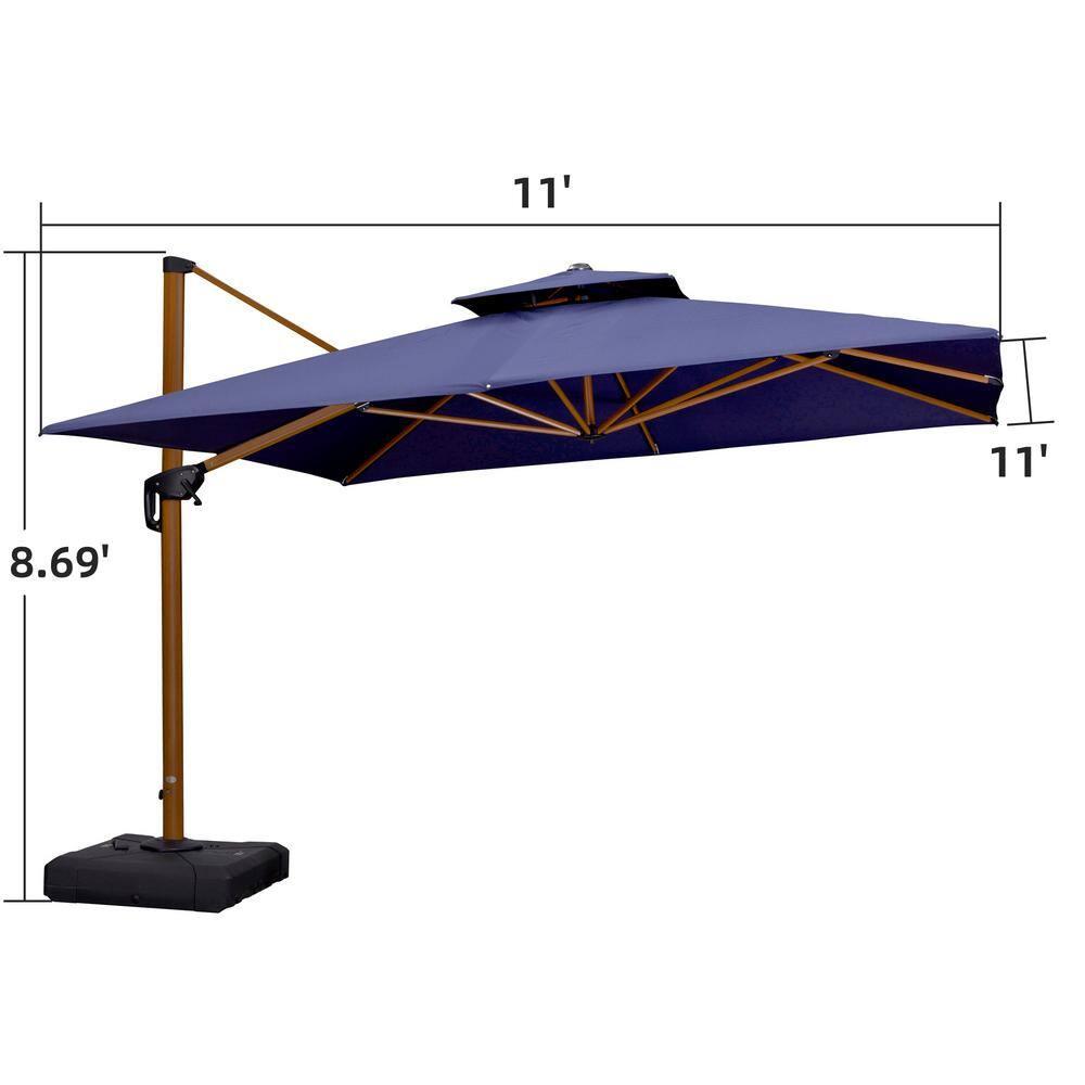 PURPLE LEAF 11FT Deluxe Square Wood Grain Patio Umbrella, Large Offset Cantilever Umbrella with 360° Rotation, Navy Blue