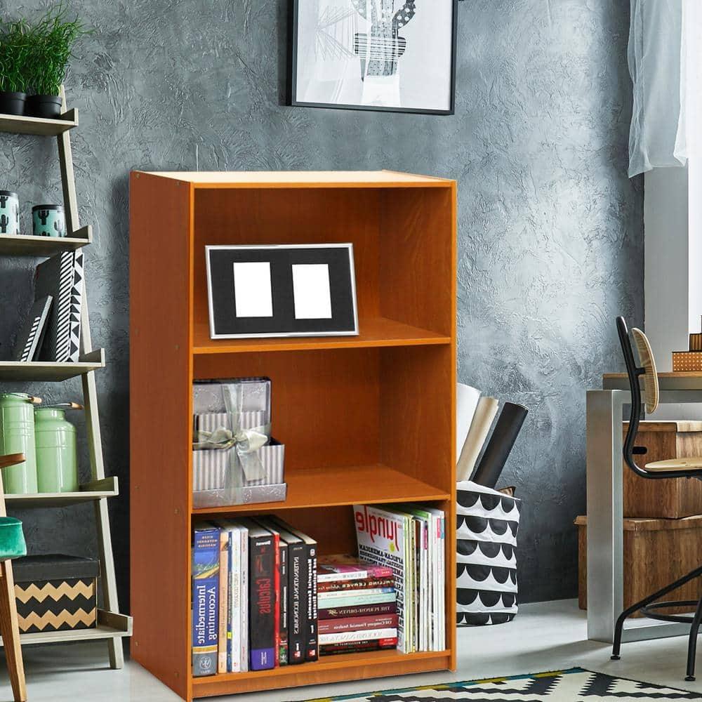 Furinno Basic Engineered Wood 3-Tier Bookcase Storage Shelves in Light Cherry