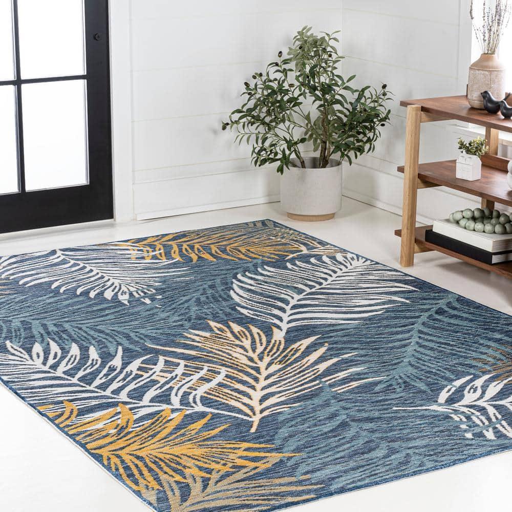 JONATHAN Y Calypso Coastal Casual Palm Frond Reversible Machine-Washable Cream/Navy 5 ft. x 8 ft. Indoor/Outdoor Area Rug