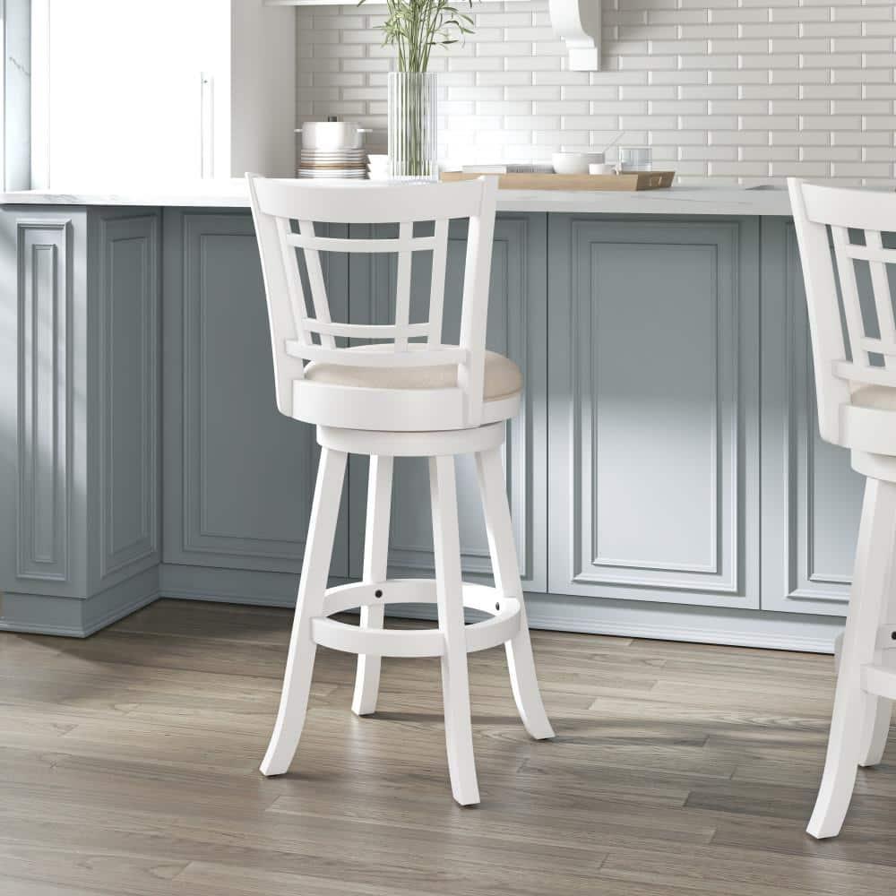 Elegant White Swivel Bar Stool with Beige Fabric Seat and Wood Accents