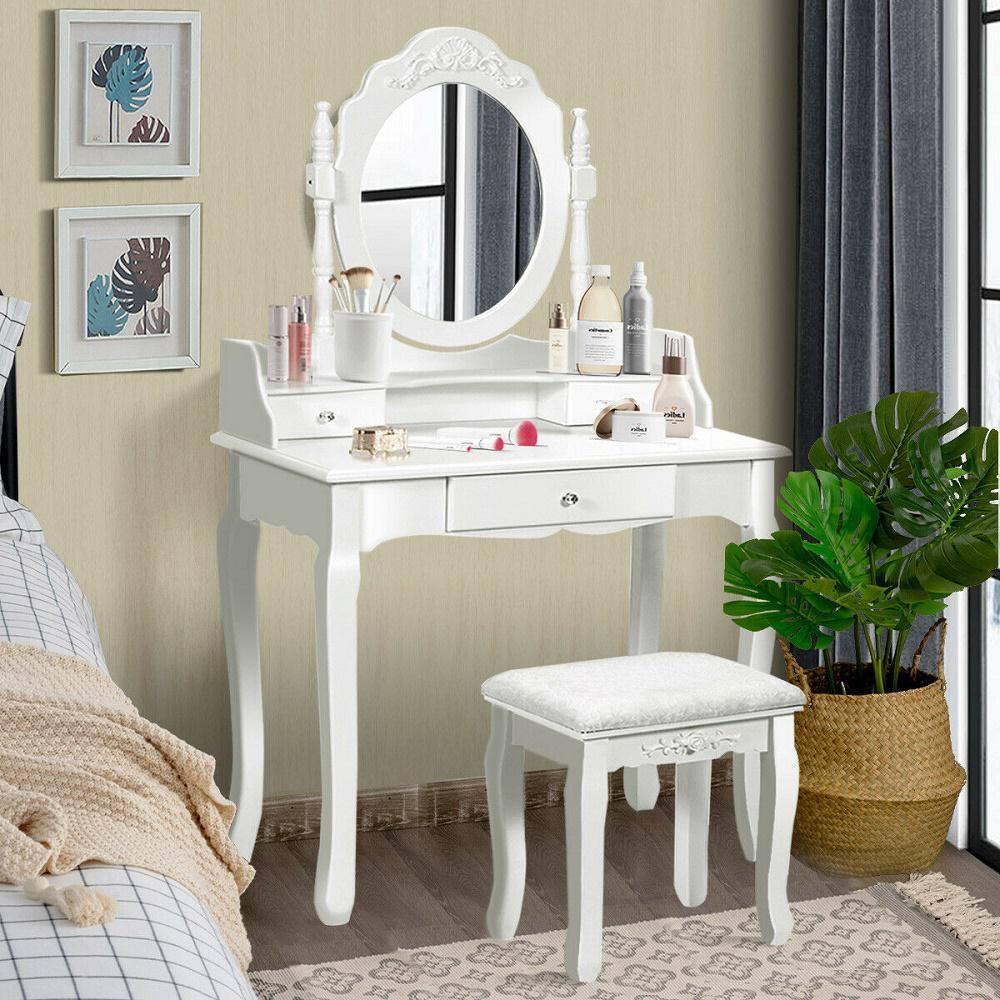 Tangkula Bathroom Vanity Wood Makeup Dressing Table Stool Set Jewelry Desk W/Drawer &Mirror White