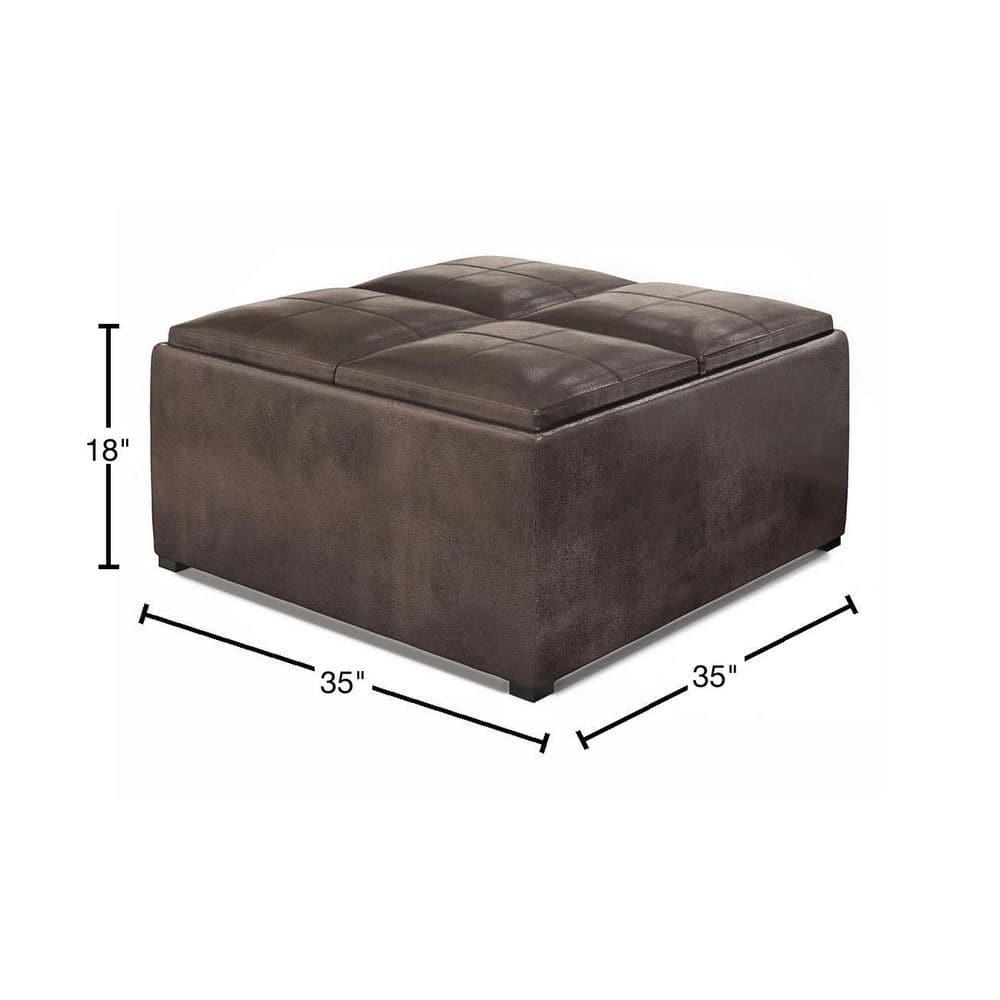 Simpli Home Avalon 35"W Upholstered Square Coffee Table Storage Ottoman with Flip-Over Trays