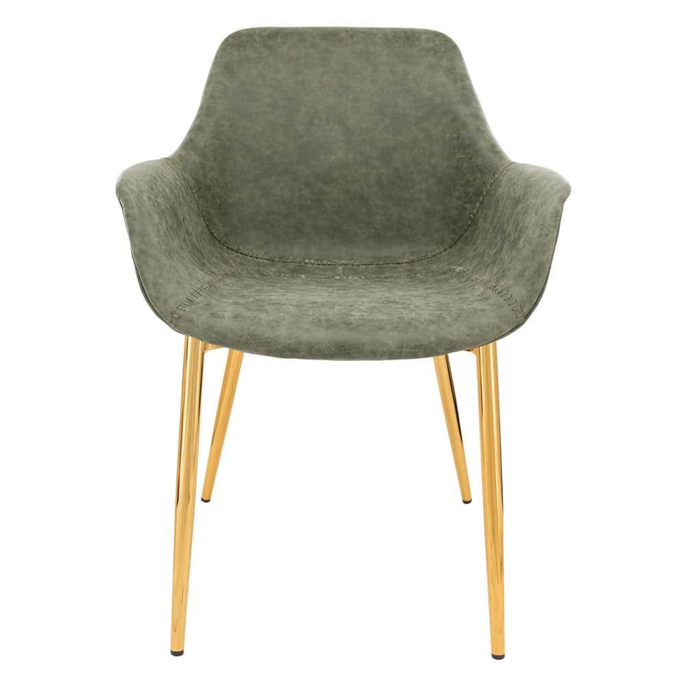 LeisureMod Markley Faux Leather Dining Chair with Arms and Gold Metal Legs, Olive Green