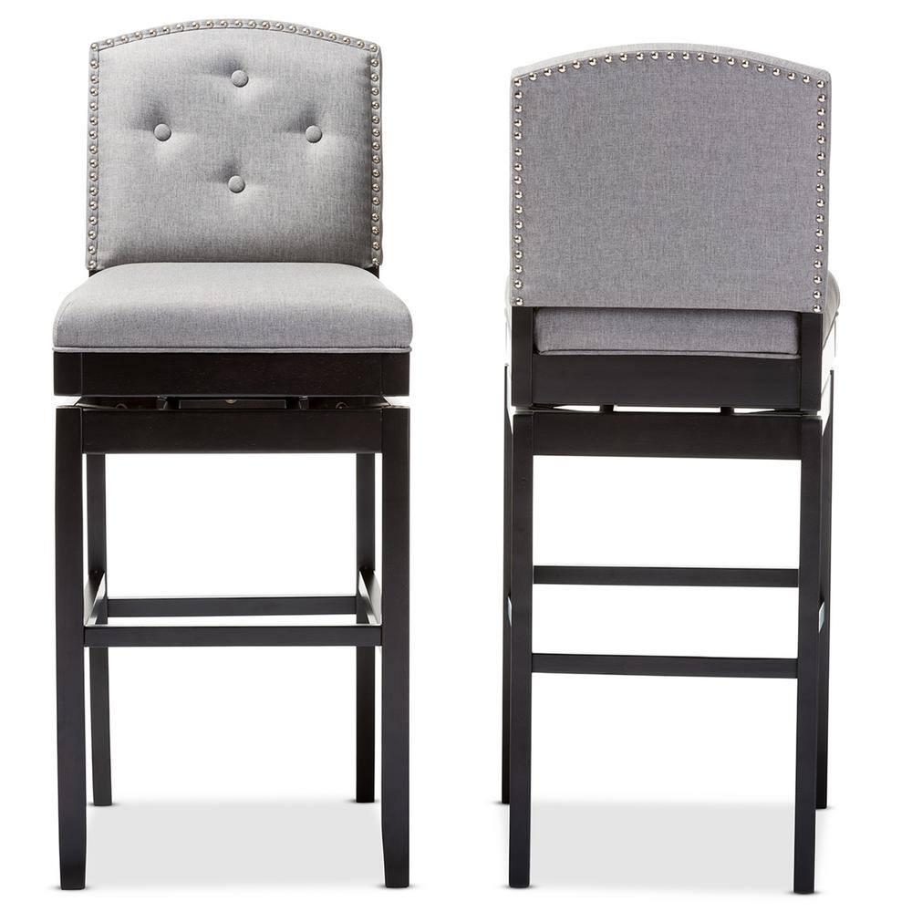 Baxton Studio Set of 2 Ginaro Modern and Contemporary Fabric Button Tufted Upholstered Swivel Barstools Gray: 30" Seat Height