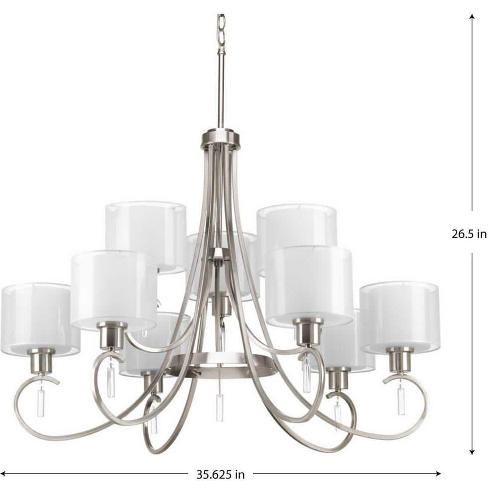 Progress Lighting, Invite Collection, 9-Light, Two-Tier Chandelier, Brushed Nickel, Translucent Sheer Mylar Shade