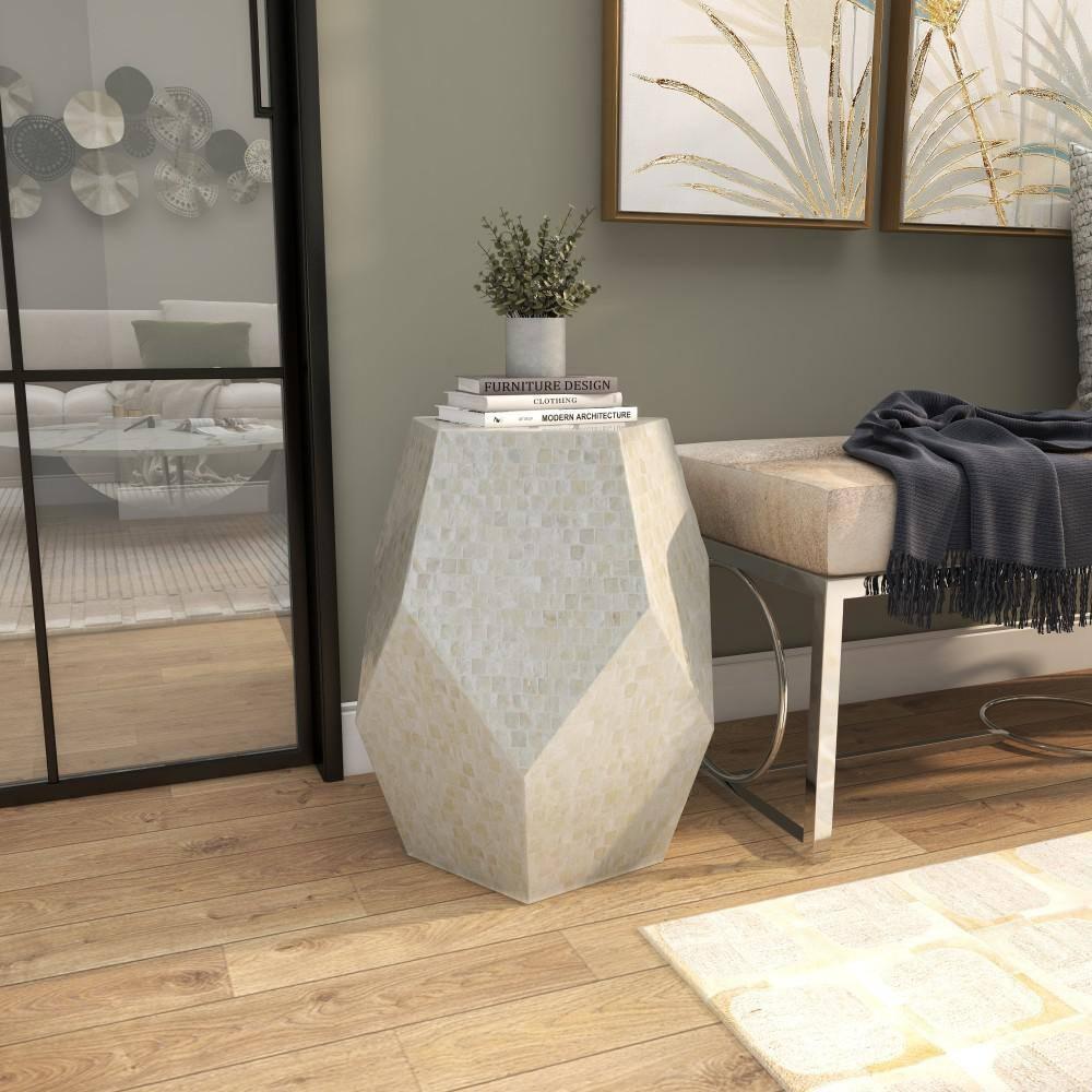 Olivia & May Contemporary Mussel Shells and Wood Accent Table Dark Gray: Hexagonal Wooden Pedestal, No Assembly Required
