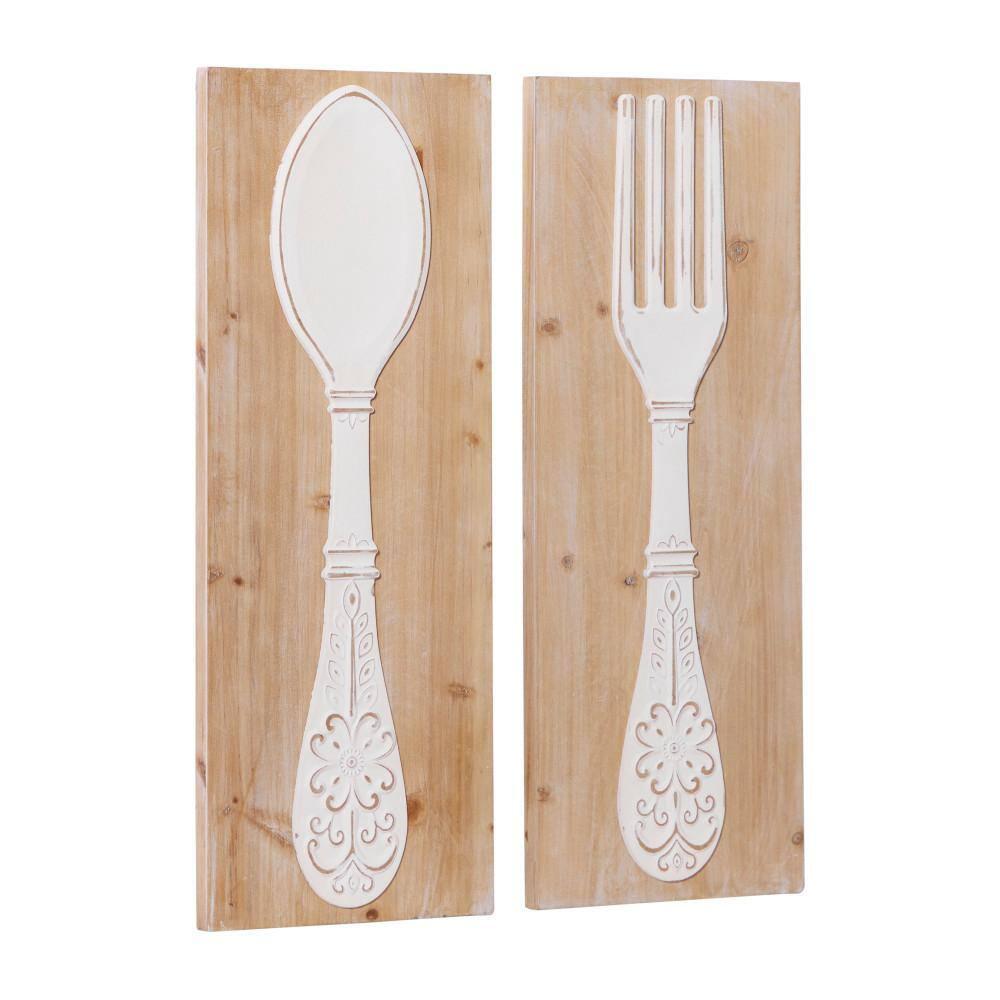 DecMode Brown Wooden Utensils Wall Decor with Carved White Floral Designs (2 Count)