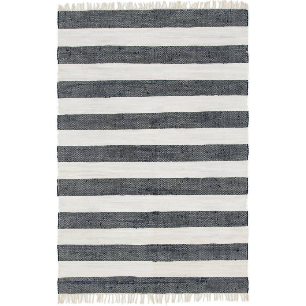 Unique Loom Chindi Rag Collection Area Rug - Striped (6' 1" x 9' Rectangle Navy Blue/Ivory)