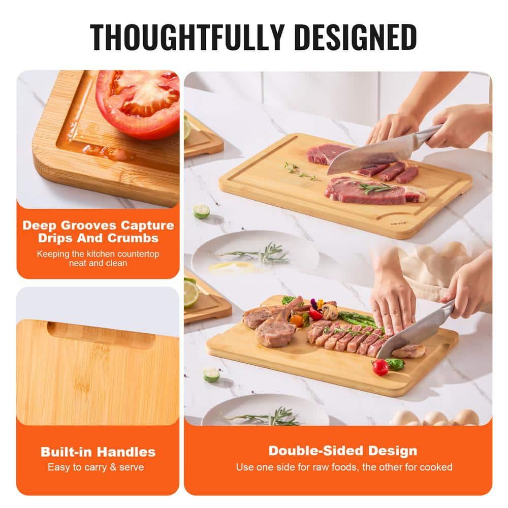 VEVOR Cutting Board 3 Pieces, Premium Versatile Bamboo Cutting Board, Food-Grade Oil and Juice Groove,Sturdy Durable Chopping Board, Built-in Handle, Wooden Cutting Board for Display Chopping Serving