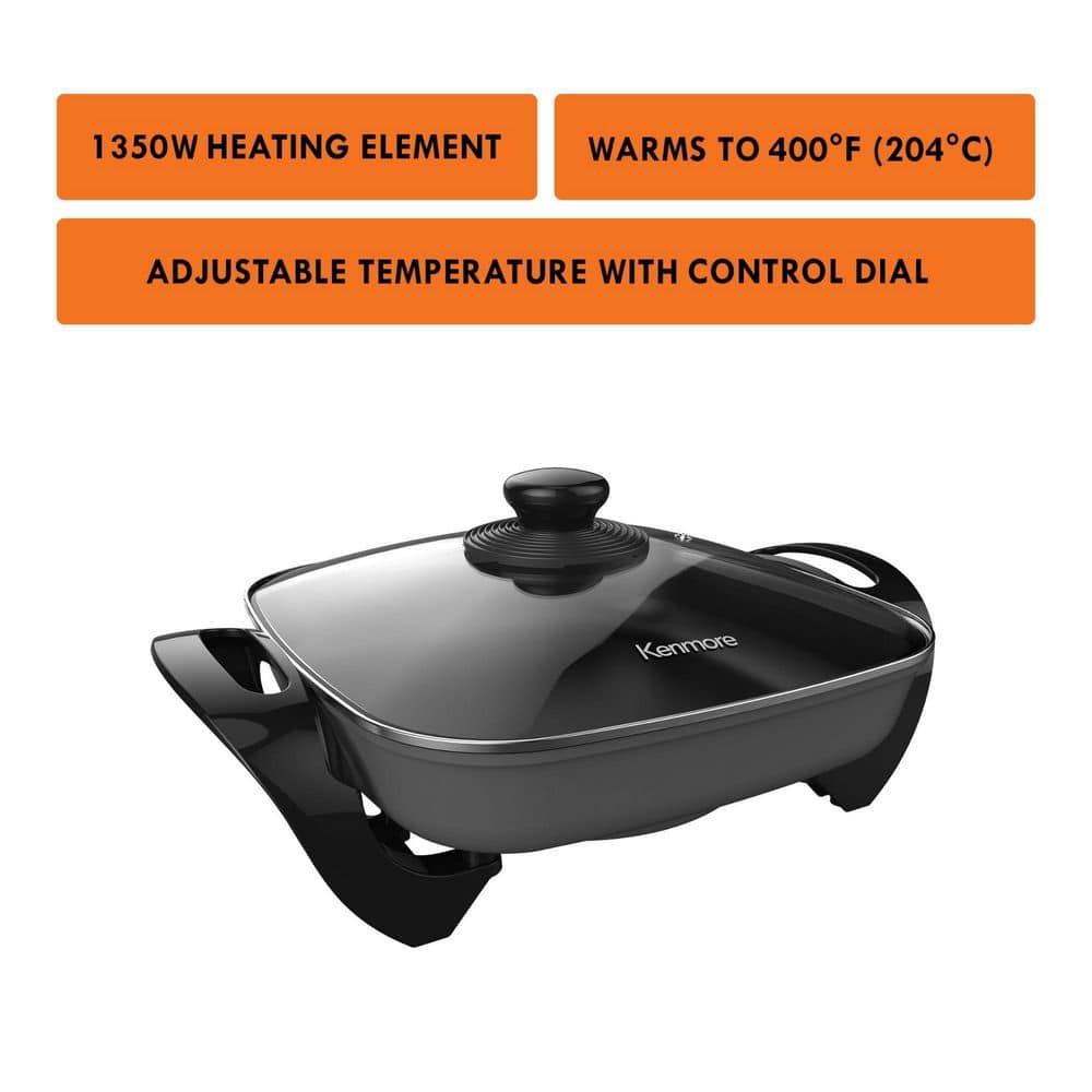 Kenmore 12x12" Non-Stick Electric Skillet with Glass Lid - Black/Gray: Cast Iron, Plug-In, Temperature Control, 1350W
