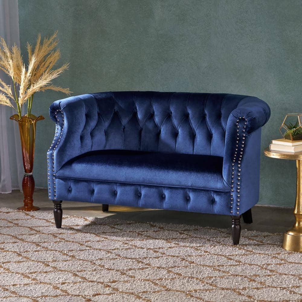 Noble House Myrna Chesterfield Velvet Loveseat with Scrolled Arms, Navy Blue