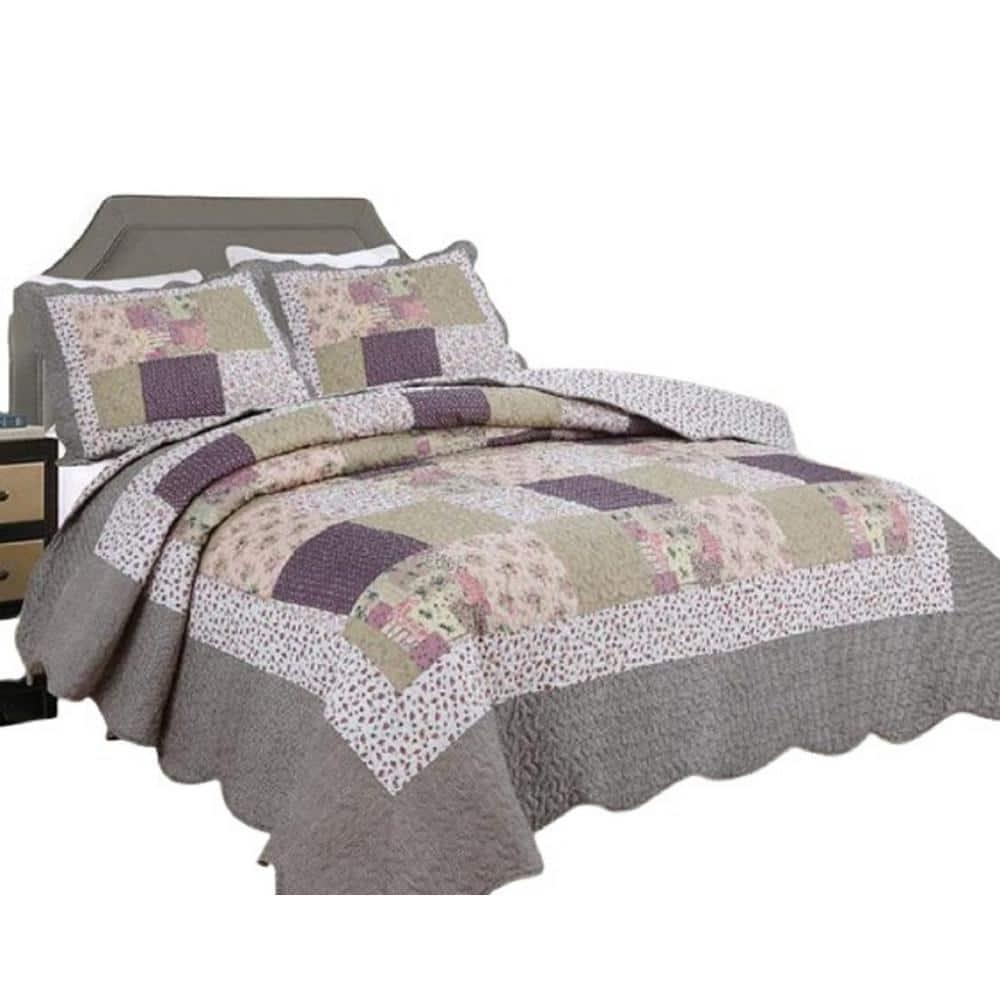 J&V TEXTILES Gray Patchwork Patchwork Traditional Printed Reversible Premium Quilt Sets (3-Piece Full/Queen)