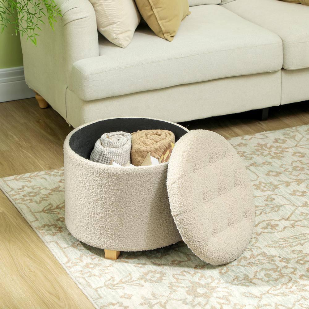 HOMCOM 18" Round Ottoman with Storage, Teddy Fleece Button Tufted Bedroom Stool with Removable Lid and Wood Legs for Living Room, Hallway, White
