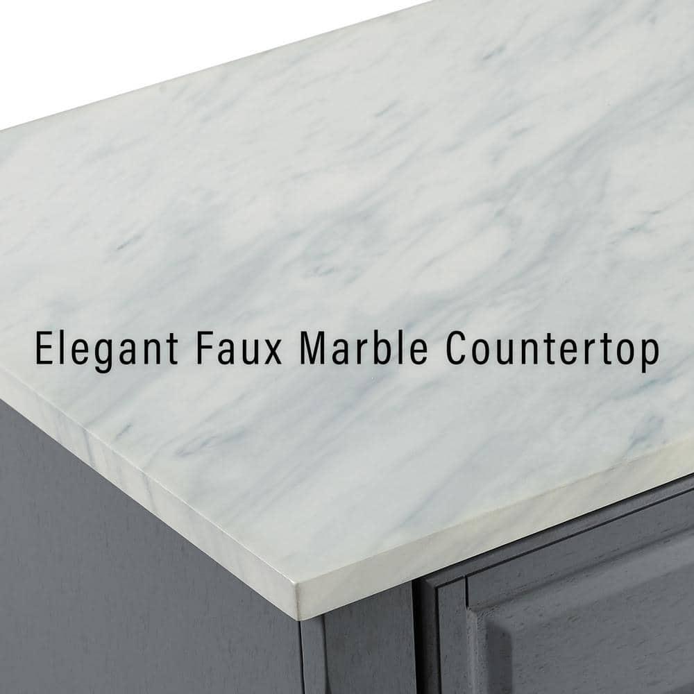 One Allium Way® Kitchen Island With Storage Shelves, Microwave Stand, Coffee Bar, Gray - Birch Veneer, Marble Finish, 2 Drawers & 3 Cabinets, Brushed Nickel Hardware