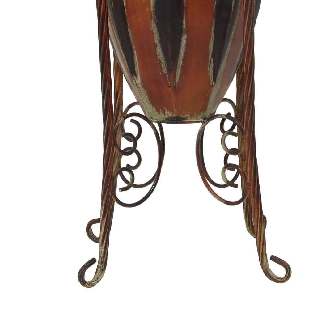 DecMode 27" Tall Brown Metal Vase with Attached Metal Stand and Intricate Design