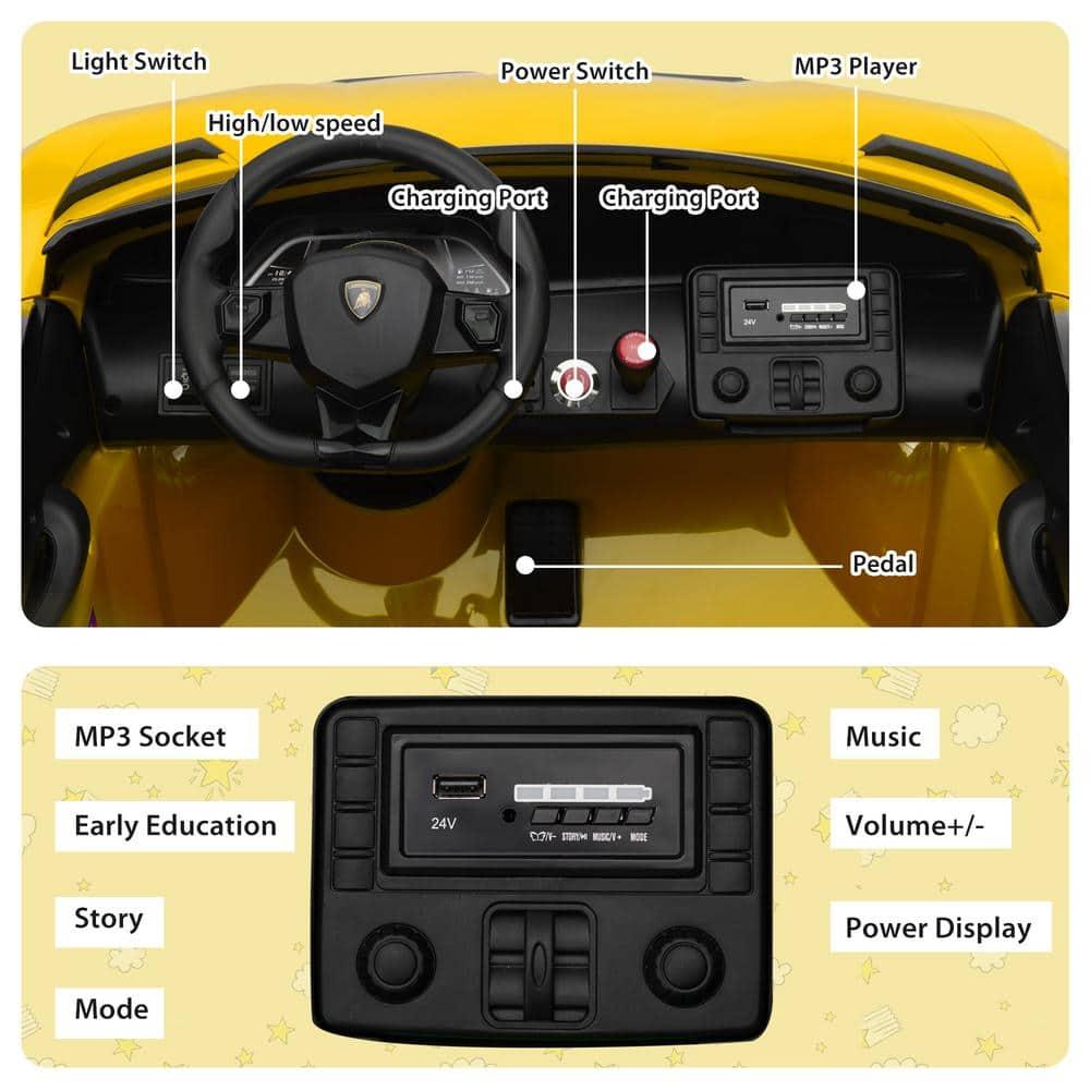 Tobbi 24V Lamborghini 2-seater Battery Powered Ride on with High/Low speed switch, Slow start function, Battery level display, MP3, USB, Light Drift Car for Kids 3-8