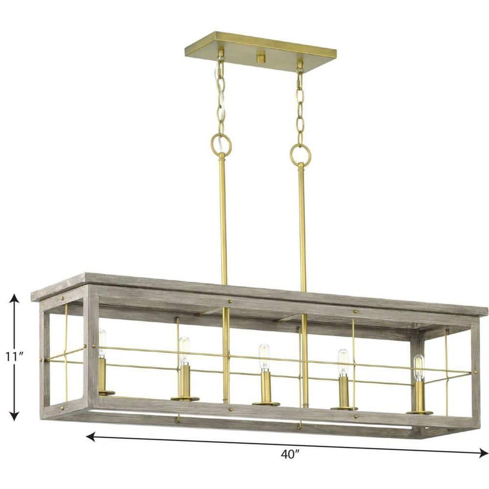 Progress Lighting, Hedgerow, 5-Light, Linear Island Chandelier, Grey Washed Oak, Windowpane Design