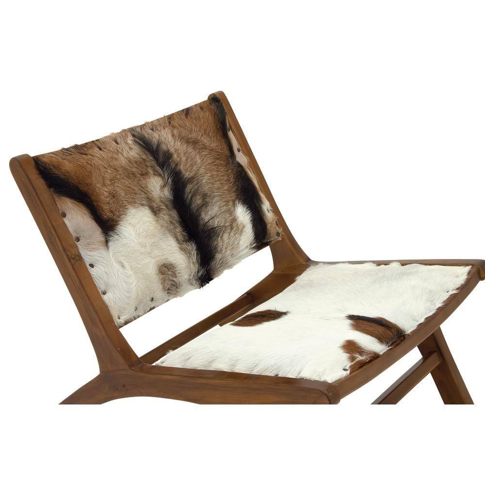 Set of 2 Rustic Goat Leather and Teak Accent Chairs Brown - Olivia & May: No Assembly, Indoor Use