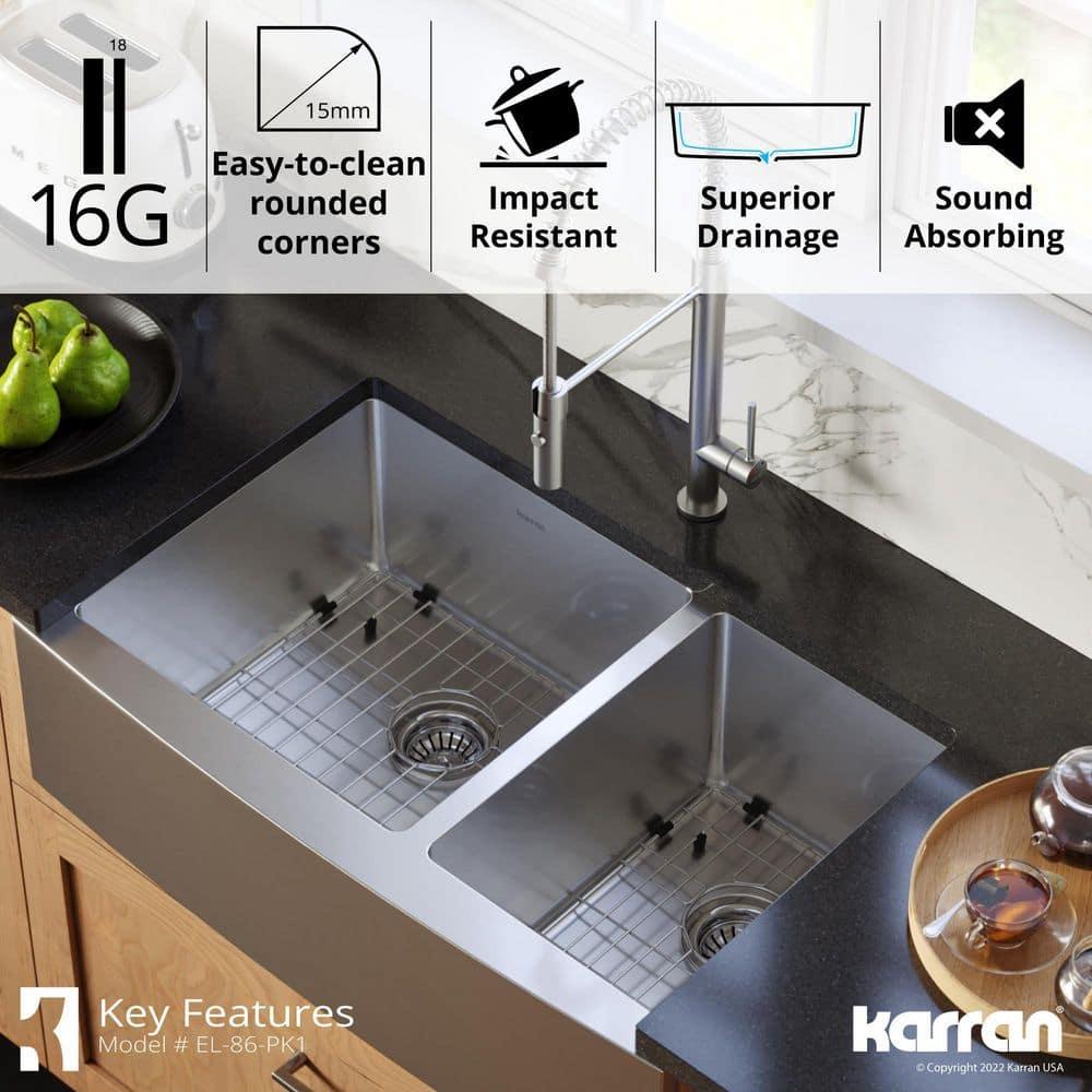 Karran 16-Gauge Stainless Steel 33'' X 22-1/4'' 60/40 Double Bowl Farmhouse Apron Front Sink Kit