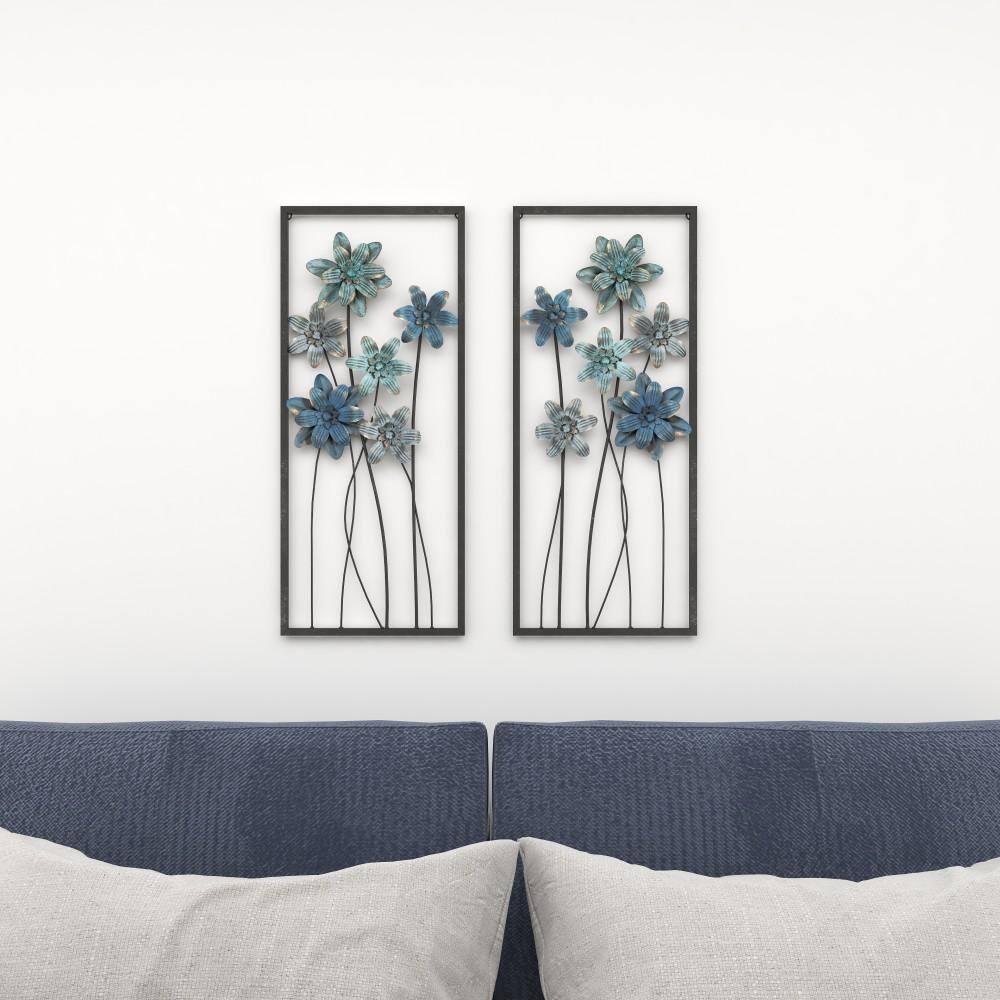 DecMode Gray Metal Floral Wall Decor with Black Frame (2 Count)