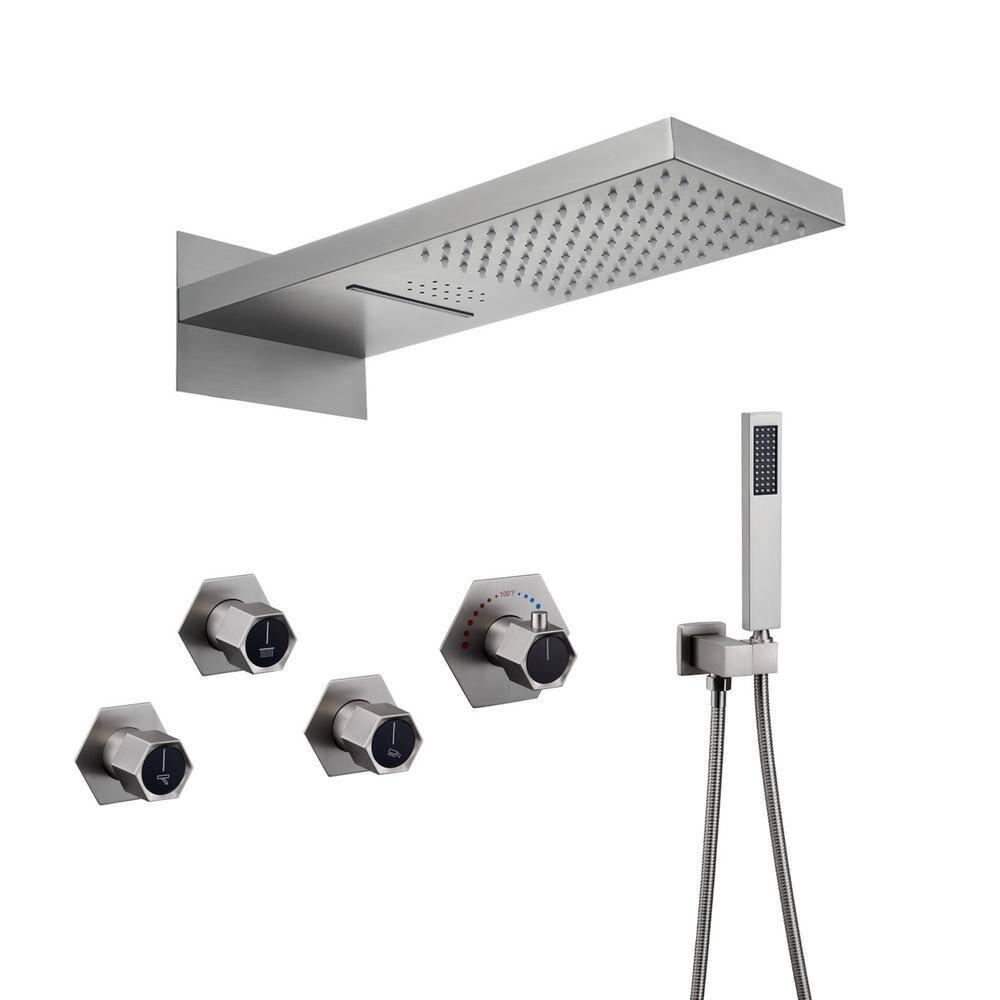 22" Wall-Mount LED Bluetooth Music Thermostatic Rainfall Complete Shower System with Rough in-Valve
