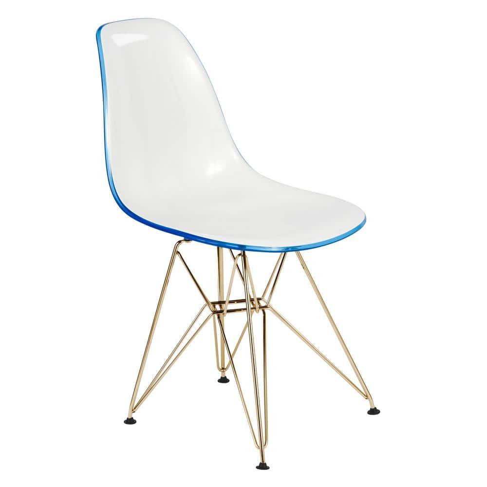 LeisureMod 5-Piece Dining Set with 35" Round Dining Table in White Iron Pedestal Base and 4 ABS Plastic Side Chair with Gold Base, White Blue