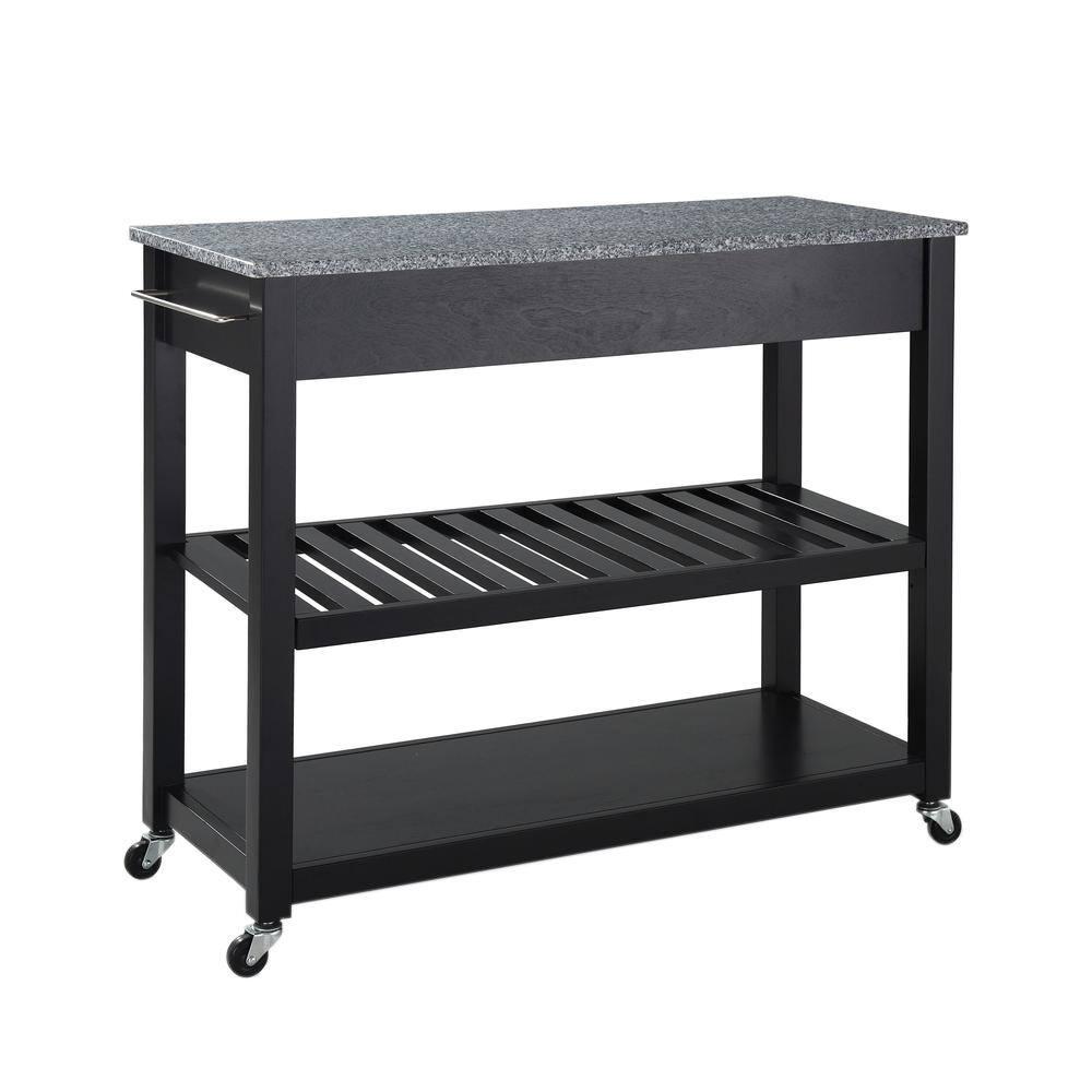 Solid Granite Top Kitchen Cart/Island with Optional Stool Storage - Black - Crosley: Wheeled with Storage Shelves