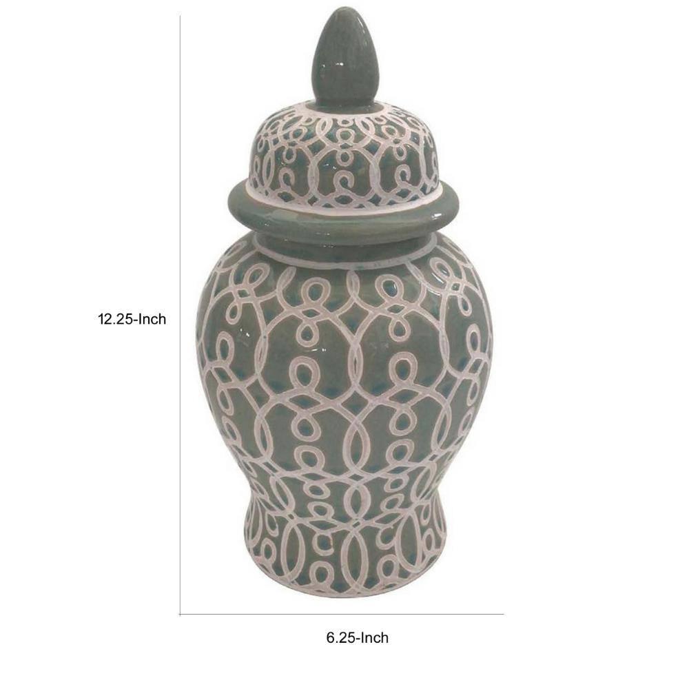 Olive Green Ceramic Temple Jar with Intricate Geometric Pattern