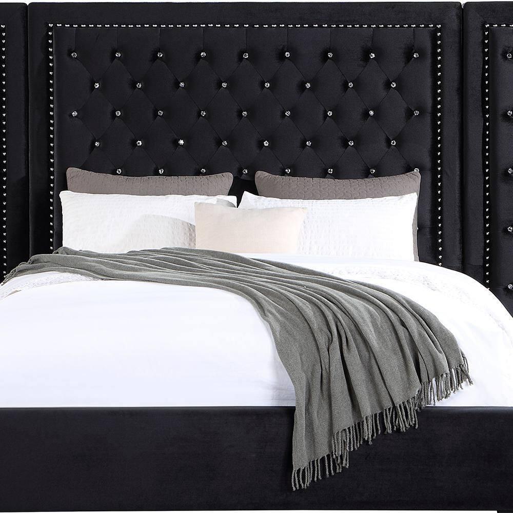 Damazy 86" King Bed Black Velvet - Acme Furniture: Crystal-like Tufting, Nailhead Trim, No Box Spring Required