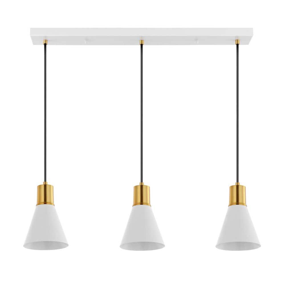 Apollo 33.5" 3-Light Mid-Century Modern Iron Adjustable Linear LED Pendant, White/Brass Gold