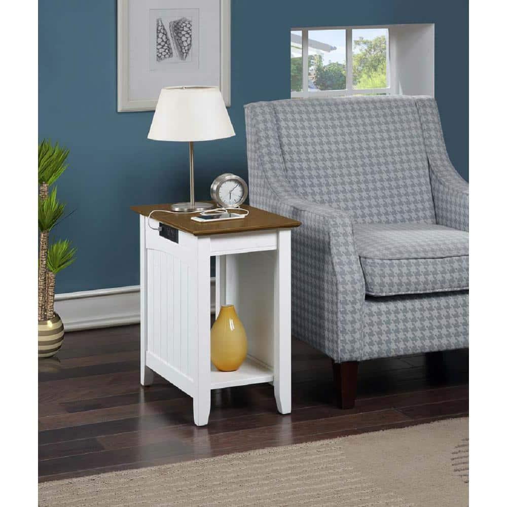 Convenience Concepts Edison End Table with Charging Station and Shelf, Driftwood/White