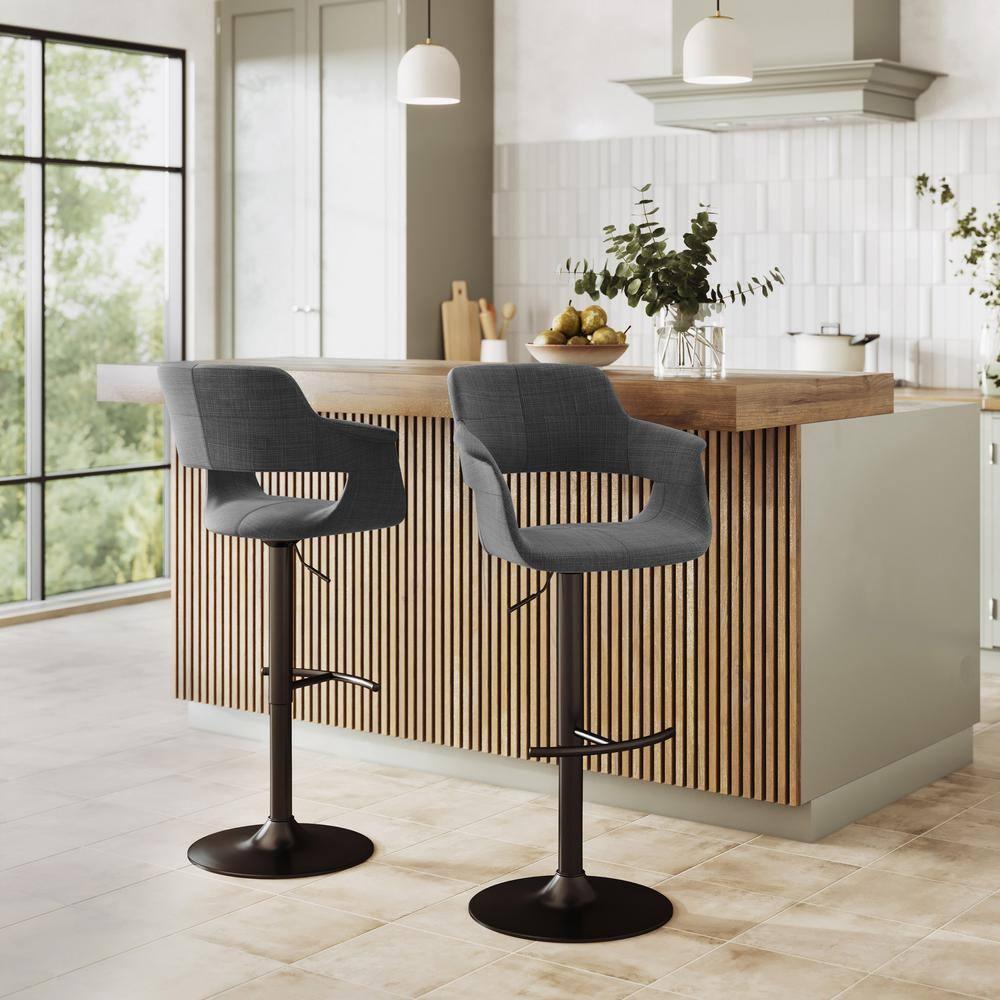 Vintage Flair Mid-Century Modern Adjustable Barstool With Swivel In Black Metal And Charcoal Fabric With Rounded "T"