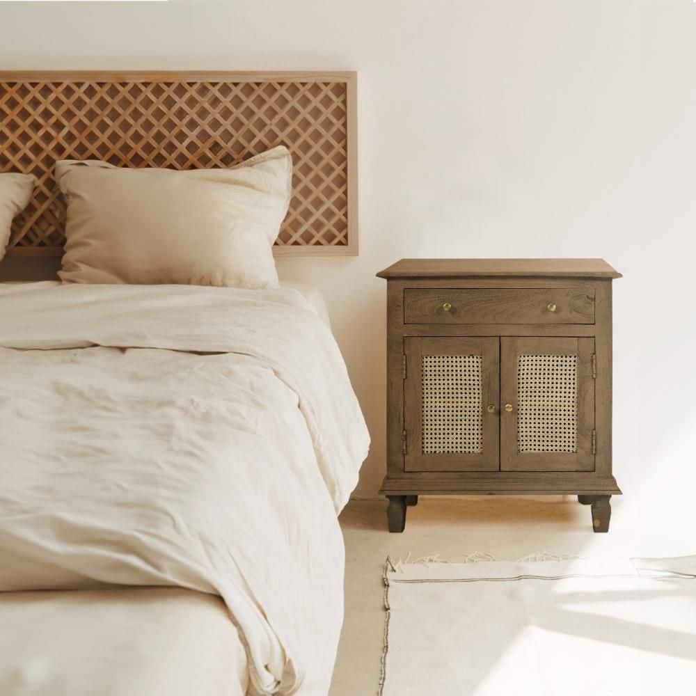 The Urban Port 30" Nightstand Table Rattan Cabinet Doors and Drawer Fronts Sandblasted Brown Mango Wood Brown