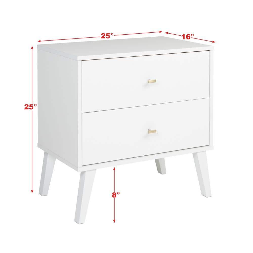 Mid Century Modern 2 Drawer Wide Nightstand White - Prepac: Sleek Bedside Table, Tapered Legs