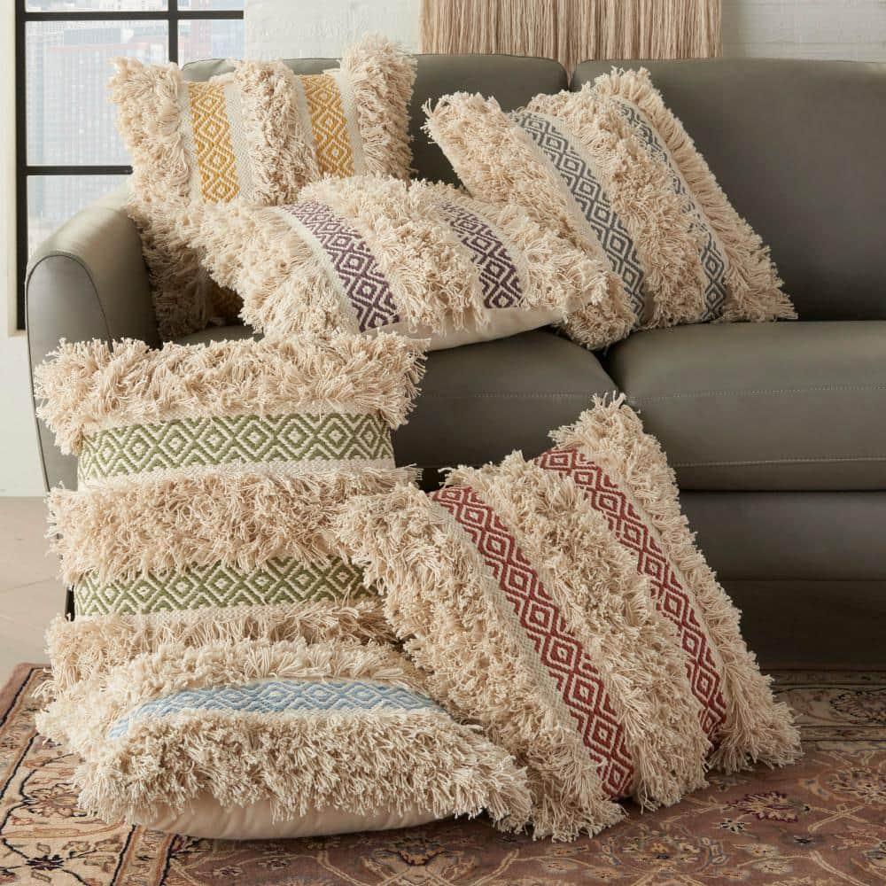 Mina Victory Life Styles Cotton Diamond Stripe Throw Pillow in Ocean Blue/Beige