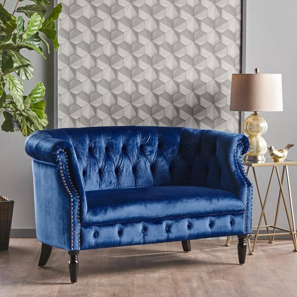 Noble House Myrna Chesterfield Velvet Loveseat with Scrolled Arms, Navy Blue
