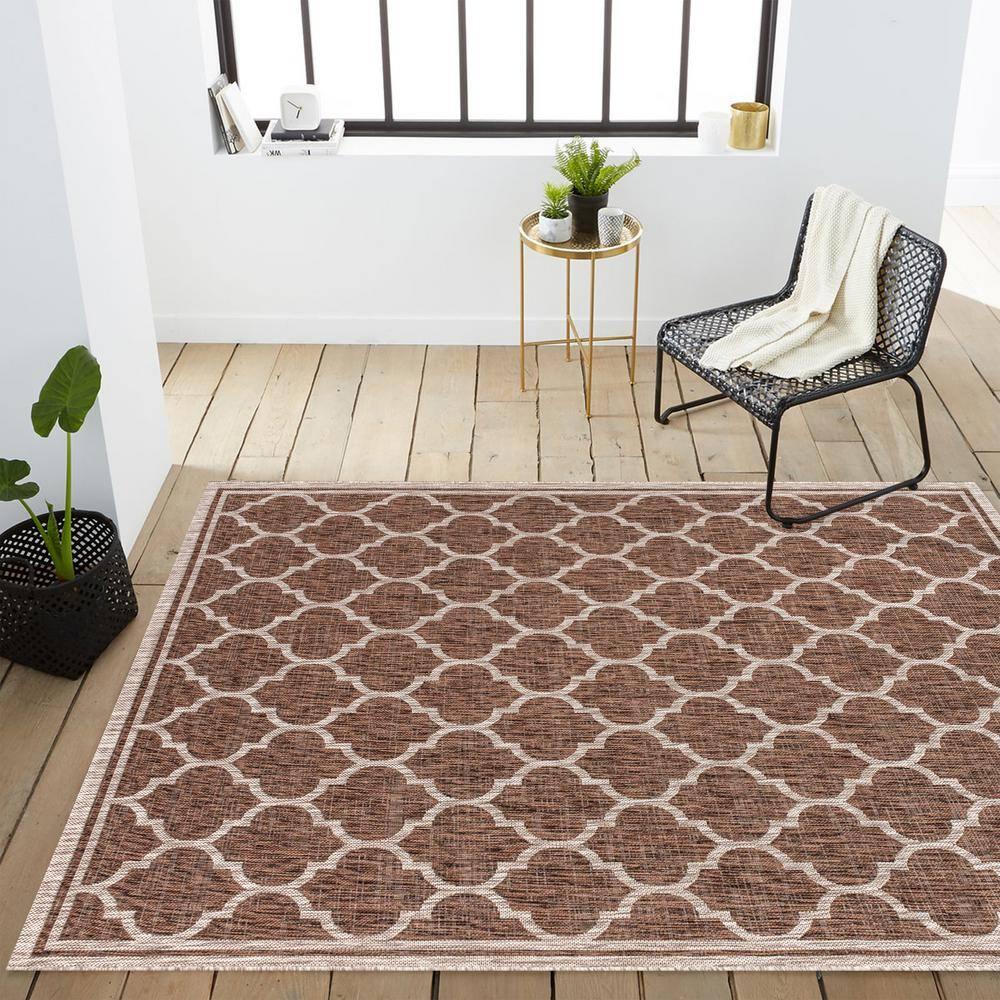 9' X 12' Trebol Moroccan Trellis Textured Weave Indoor/Outdoor Area Rug, Espresso/Taupe - JONATHAN Y