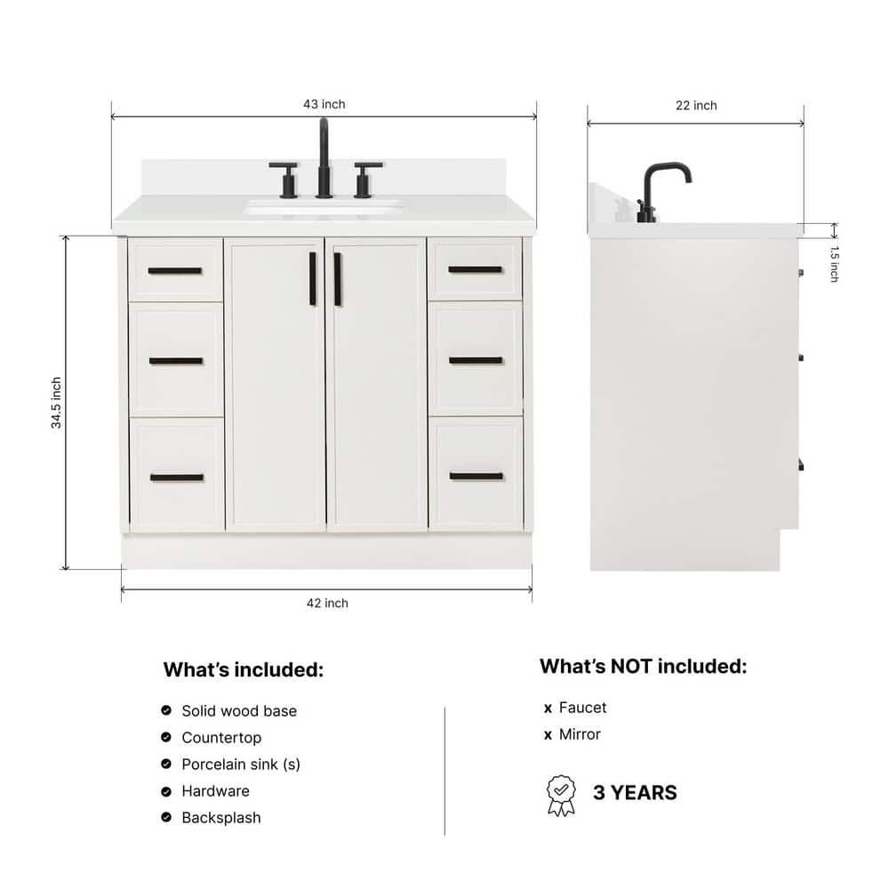 Ariel Kelly 43 Inch Single Rectangular Sink Bathroom Vanity With Quartz Countertop
