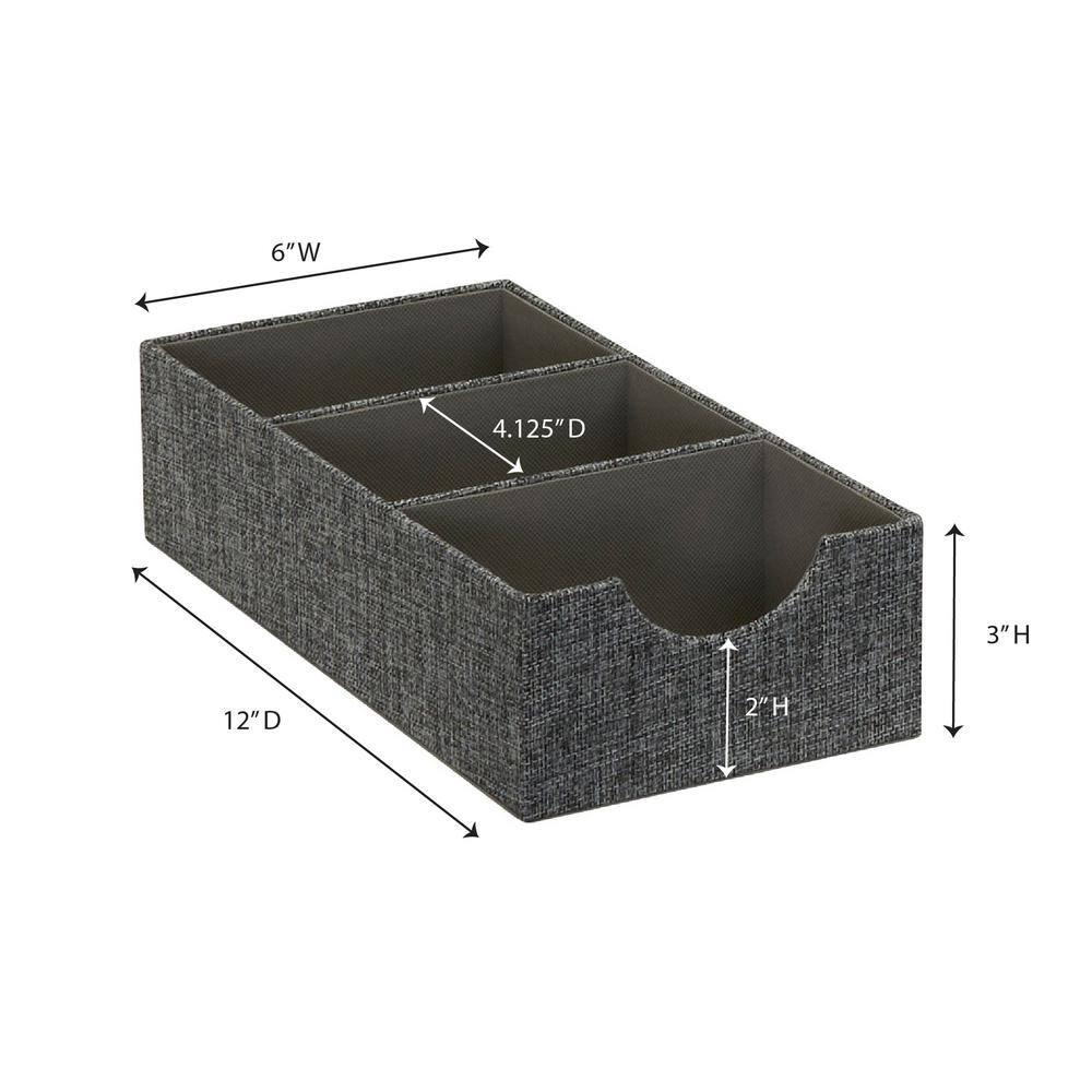 Household Essentials Set of 2 3-Section Drawer Trays Graphite Linen: Stackable Decorative Storage Boxes, Gray, 12"x6"