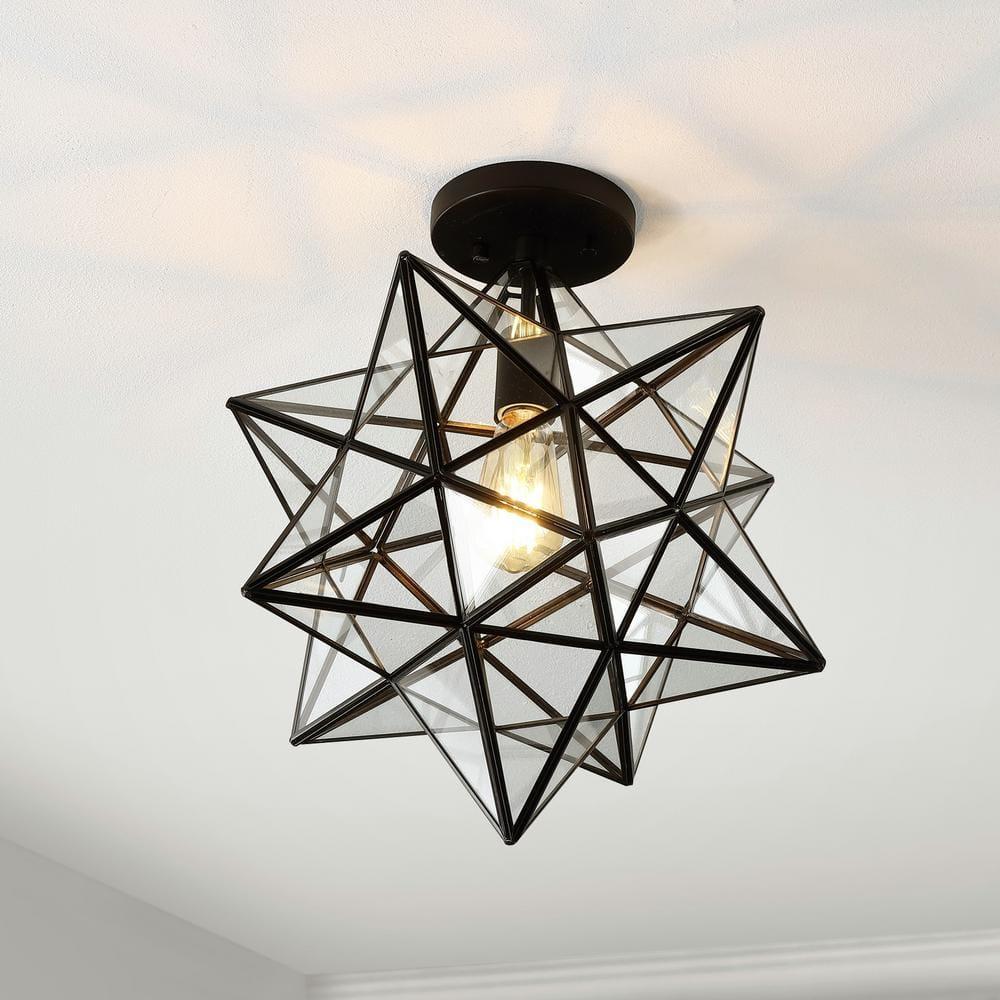 Ava 14.5" 1-Light Farmhouse Bohemian Iron/Glass LED Semi Flush Mount, Black/Clear