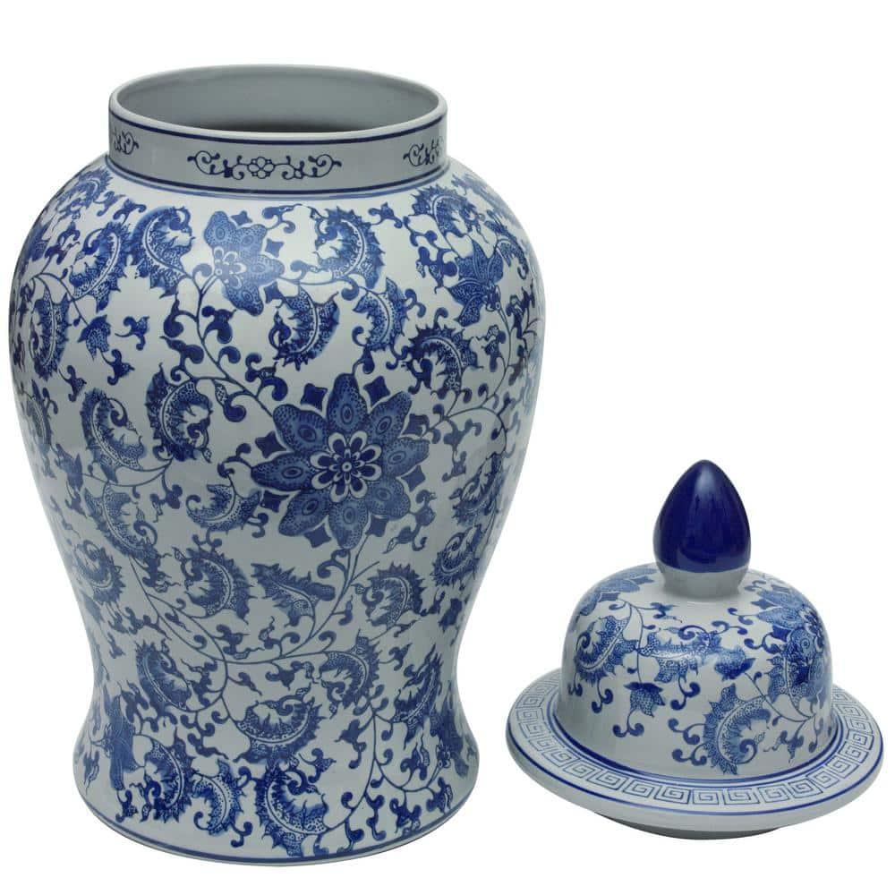 24" Floral Blue & White Porcelain Temple Jar