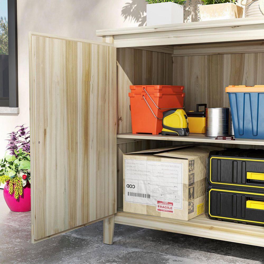 Outsunny Wood Outdoor Storage Cabinet, Compact Garden Shed Potting Shed with Shelf and Double Doors, Natural Wood