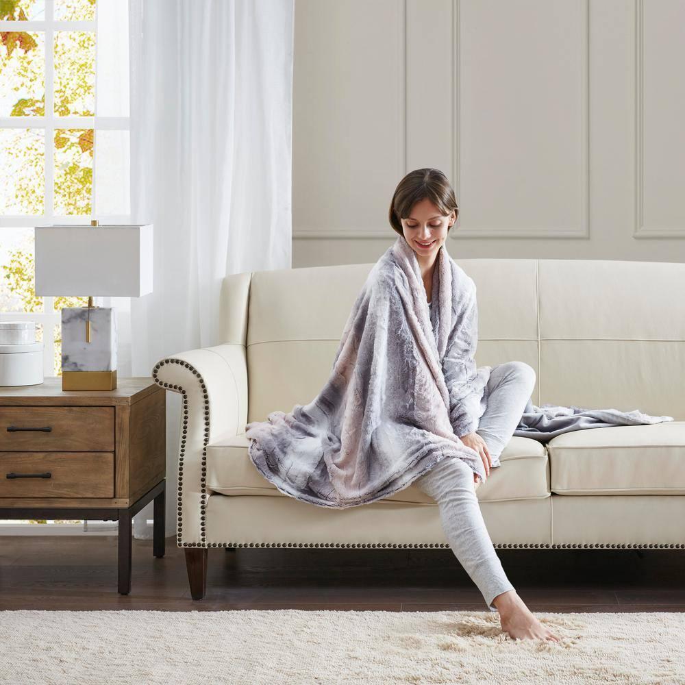 60"x70" Oversized Marselle Faux Fur Throw Blanket Blush/Gray - Madison Park