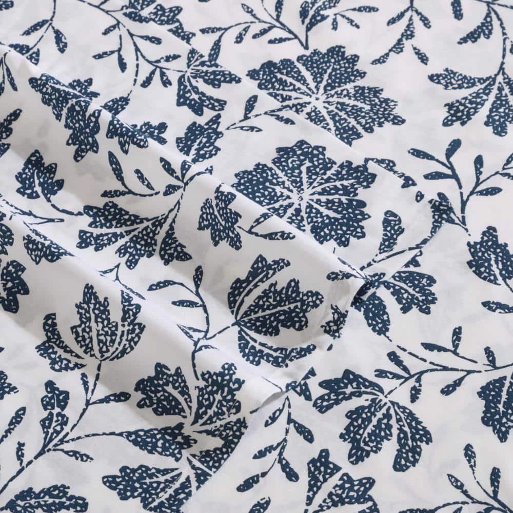 Queen Blue Floral Cotton Percale Deep Pocket Sheet Set