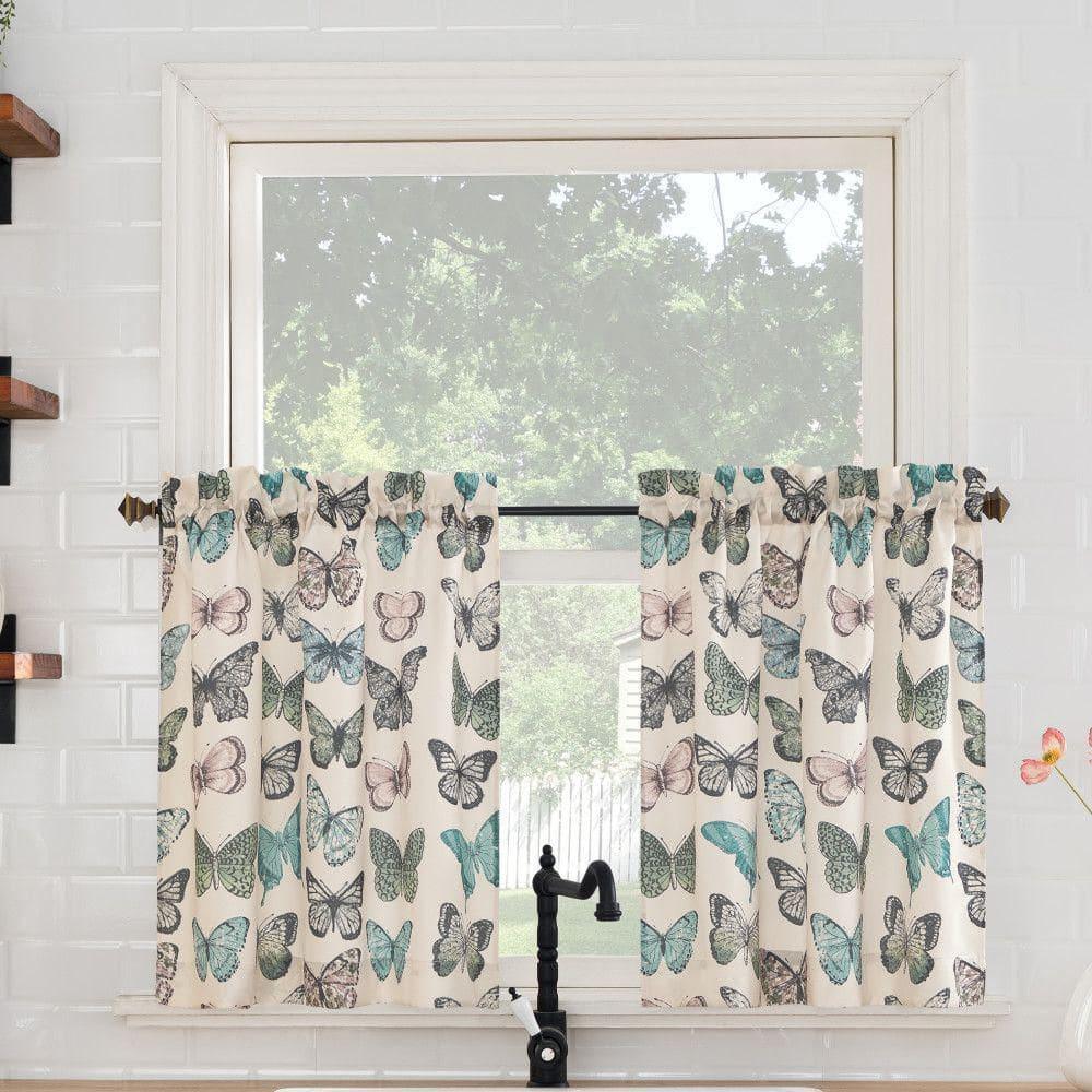 2pc 56"x36" No. 918 Sheer Magdalena Butterfly Print Rod Pocket Kitchen Curtain Tier Pair Blue: Polyester, Machine Washable