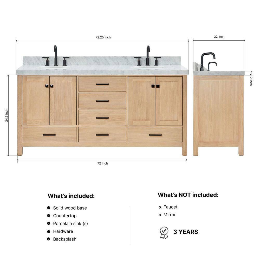 Cambridge 72'' Double Bathroom Vanity with Carrara Marble Top